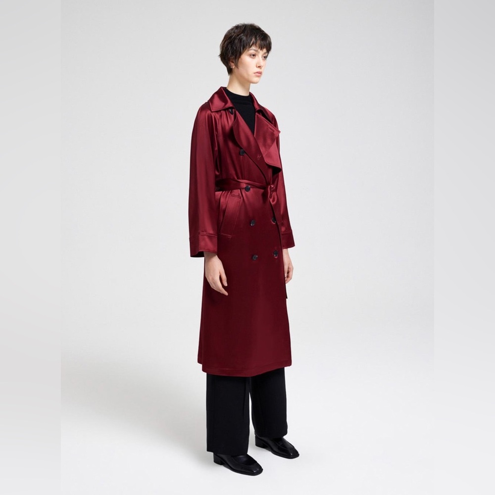 LATTELIER Satin Double-breasted Trench Coat in Burgundy Red